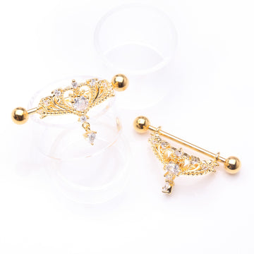 Detail View 1 of A Pair of Golden Enchanted Princess Tiara Sparkle Dangle Nipple Shield Ring-Clear Gem